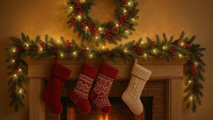 Naklejka premium Cozy festive fireplace with stockings.