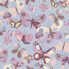 Fototapeta premium Seamless pattern with cute fairies and butterflies in pastel colors, whimsical handdrawn illustration for childrens fabric, wallpaper, and nursery decor