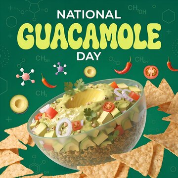 National Guacamole Day festive design with bowl of guacamole tortilla chips diced avocado tomato onion cilantro chili peppers and molecular green abstract background artwork generated ai