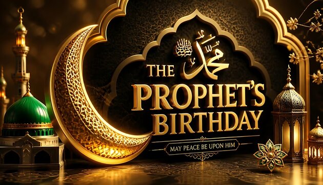 The prophets birthday celebration banner featuring golden crescent moon and arabic calligraphy islamic festival golden decoration islamic holiday mosque silhouette green dome arabic arch