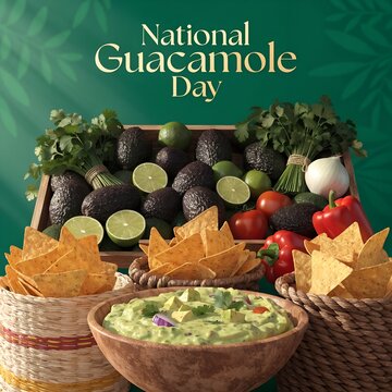National Guacamole Day festive arrangement with avocados limes tomatoes onions cilantro tortilla chips and large bowl of guacamole garnished with diced vegetables artwork generated ai
