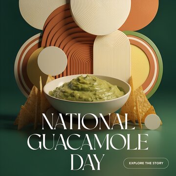National Guacamole Day promotional artwork with bowl of guacamole tortilla chips abstract circular background in cream orange yellow tones festive culinary celebration design generated ai