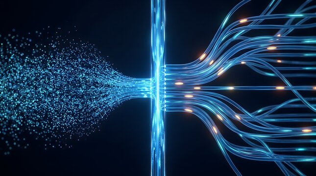 Digital data particles passing through a transparent firewall screen transforming into secure fiber optic network connections