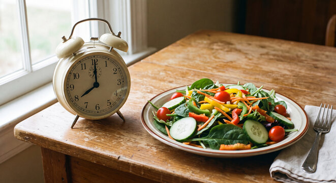 Healthy green vegetable salad on a ceramic plate next to a classic vintage alarm clock illustrating meal timing and intermittent fasting concept