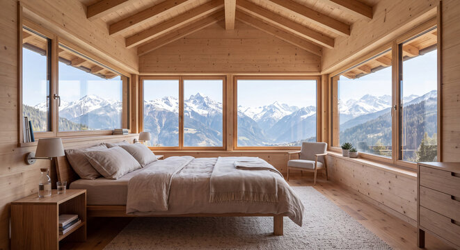 Warm interior of a modern alpine wooden chalet master bedroom featuring a large comfortable bed and huge panoramic windows overlooking snowy mountains