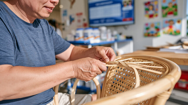 Close up of weathered hands weaving rattan cane through a curved chair frame inside a hospital rehabilitation workshop, a gamified quiz leaderboard glowing on a wall mounted screen beside medicinal 