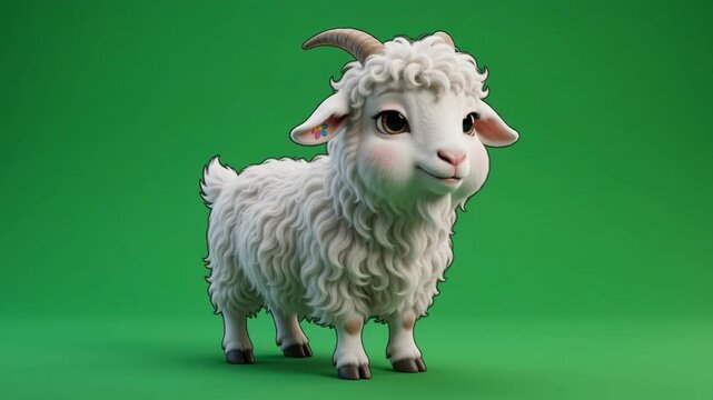 Adorable white baby goat with fluffy wool standing on a vibrant green background, looking cute and playful.