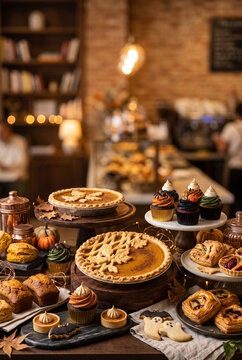 Assorted baked goods displayed on wooden table in cozy cafe setting