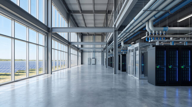Modern data center interior with server racks and large windows