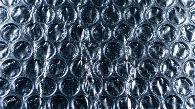 Macro view of clear, shiny bubble wrap with a dark, textured background, highlighting the circular air pockets.