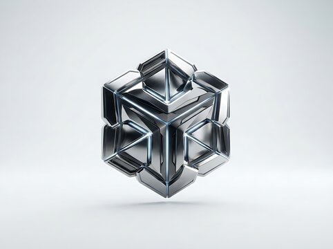 Ultra realistic 3D render of a futuristic metallic digital product icon sleek geometric design polished surface realistic reflections premium technology aesthetic centered isolated white background so