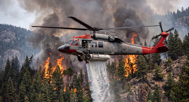 Helicopter carrying aerial water drop to extinguish a catastrophic forest wildfire engulfing mountainside pine trees