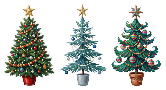 Three decorated Christmas trees with colorful ornaments and star toppers