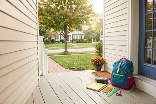 Colorful backpack and school supplies arranged on porch with autumn foliage