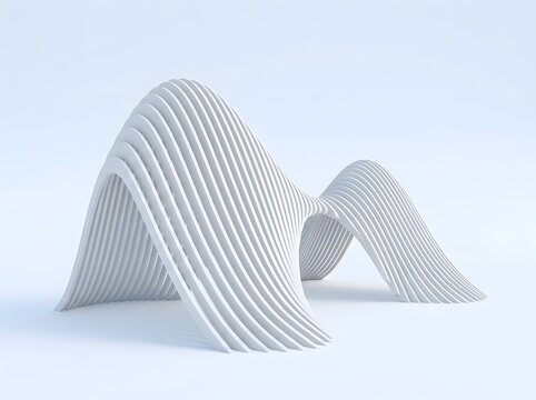 Abstract parametric architectural structure with flowing white curved ribs isolated on white background