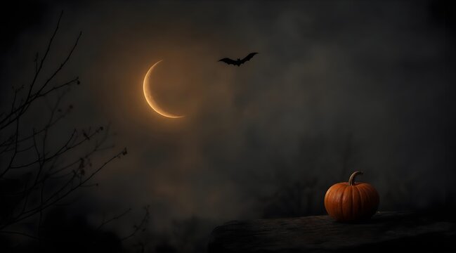 dark halloween night background with crescent moon and flying bat