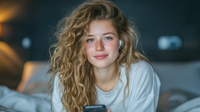 Cozy Evening A Young Girl Delightfully Enjoying Her Screen Time Nestled Under Warm Blankets and Pillows