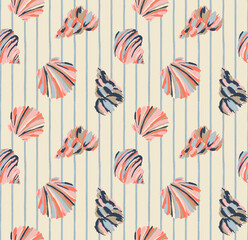 Seamless pattern with handdrawn seashells and vertical stripes on a light beige background, coastal summer design for wallpaper, fabric, and textile prints © Creativezone