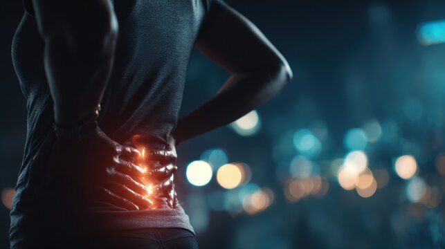 A woman who is experiencing back pain is shown with a highlighted area illustrating her discomfort and zones of concern
