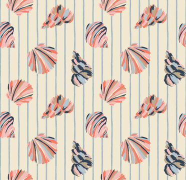 Seamless pattern with handdrawn seashells and vertical stripes on a light beige background, coastal summer design for wallpaper, fabric, and textile prints