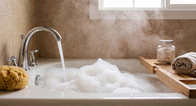 Clean water flows from a chrome faucet into a freestanding bathtub filled with fragrant foam and dense steam creating a relaxing wellness spa atmosphere