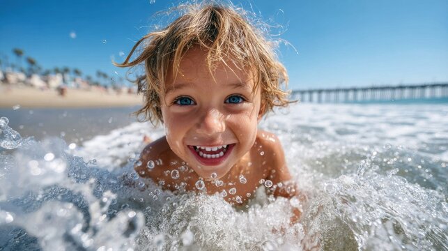 Smiling child splashing in shallow sea water beneath bright blue sky beside rocky shoreline on sunny summer day with joyful expression and sparkling droplets around face and hands