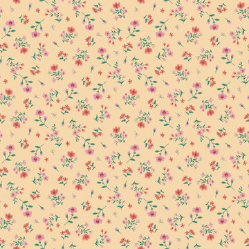 Seamless floral pattern with small pink and red flowers on a soft yellow background, vintage botanical print for fabric, wallpaper, or wrapping paper design