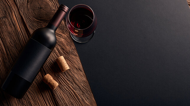 Photorealistic top-down flat lay of a dark red wine bottle placed diagonally on the left side, resting on a rustic warm brown wooden tabletop