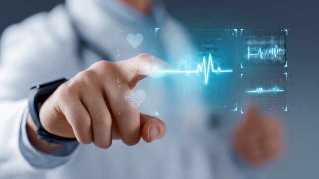 Doctor interacting with virtual medical interface showing glowing heart icon, pulse waveform, data elements, and futuristic healthcare technology in blue clinical setting