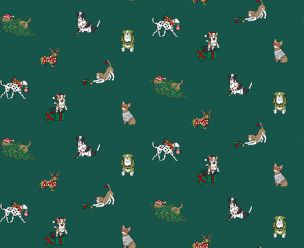 Seamless pattern with cute dogs in christmas costumes, wearing scarves, hats and wreaths, playing with ornaments and gifts on a dark green background