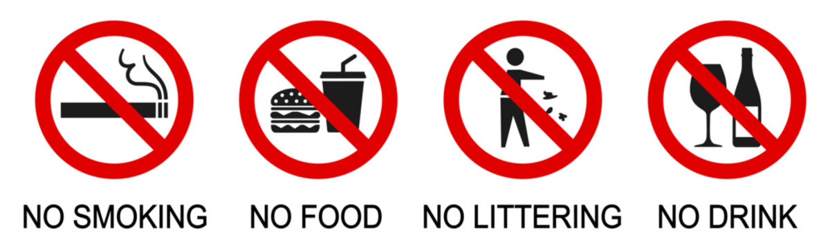 No smoking food littering and drinking sign set, safety compliance in public facilities