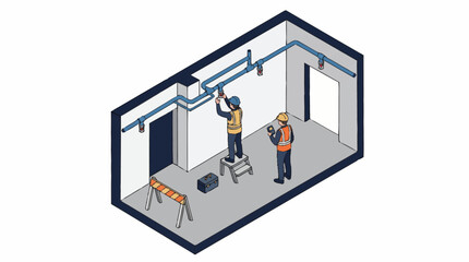 Obraz premium Construction workers installing pipes in a modern building.