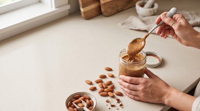Hand scooping creamy organic almond butter from glass jar