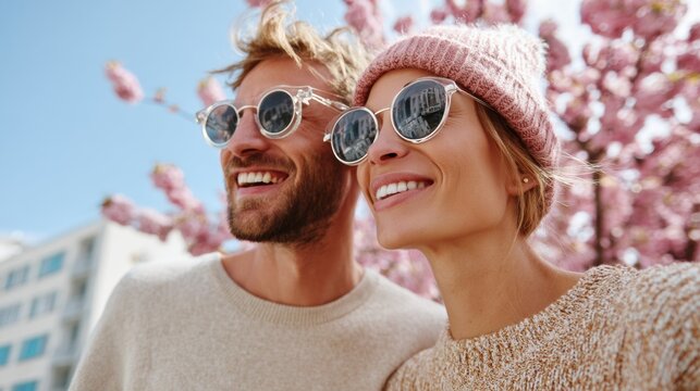 A Happy and Cheerful Couple Enjoying the Beautiful Spring Blossoms in a Beautiful City Park Together