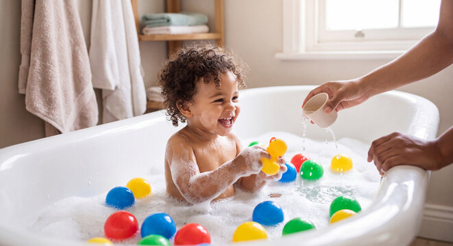 Adorable smiling toddler sitting happily in a bathtub filled with bubbles and plastic toys while a mother gently pours warm water during bath time