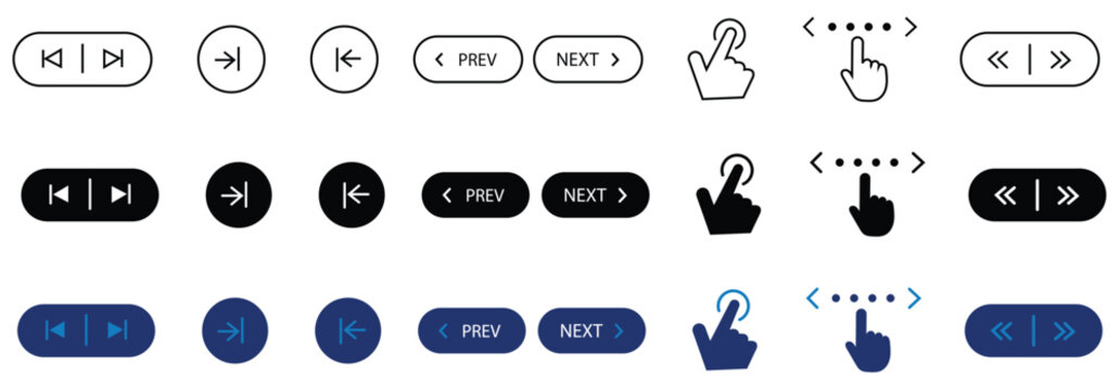 Minimalist ui ux navigation control buttons set with previous next arrow icons and touch screen swipe gestures for mobile app design
