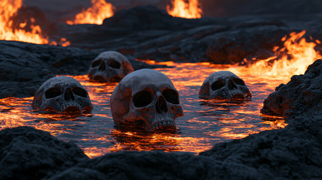 Three skulls calling for help in a volcanic lava pool in hell, realistic lifestyle photography 