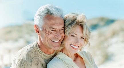 Fototapeta premium Happy mature, senior couple embracing affectionately, sharing a beautiful sunny day outdoors together wearing casual clothing during retirement years near the bright sand coast, portrait in nature