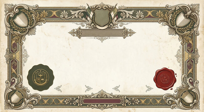 Vintage achievement certificate frame with blank banner and seals on aged paper background.
