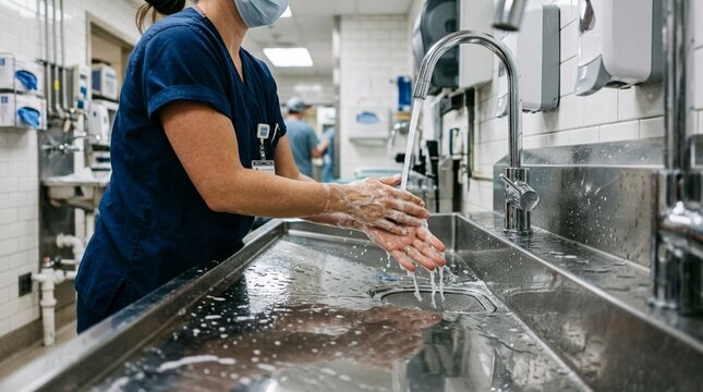 Nurse washing hands at sink for hygiene in hospital