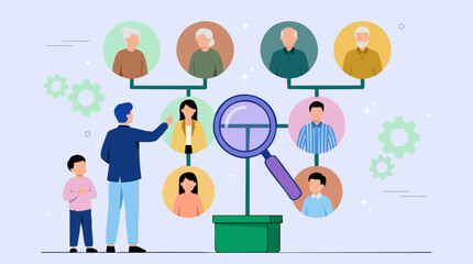 Fototapeta premium Man and child exploring family tree with magnifying glass, genealogy research