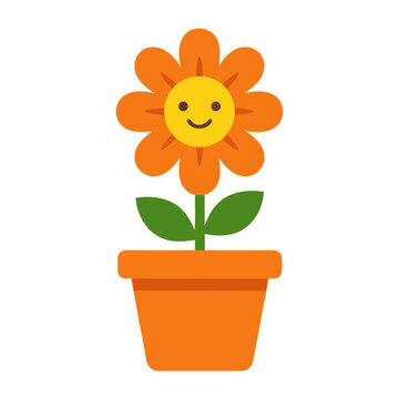 Bright sunflower growing inside orange pot