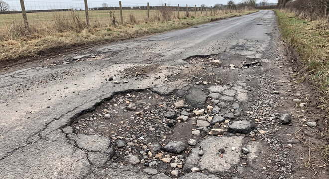 Ground view of cracked and deteriorating country tarmac road with deep potholes and gravel showing need for street repair and maintenance