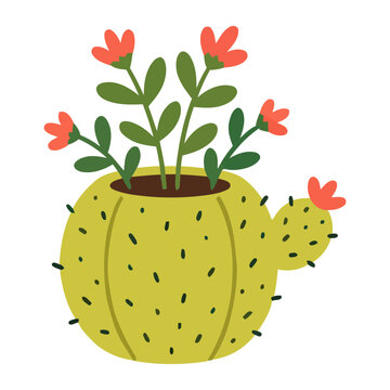 Spotted prickly pear cactus with flowers