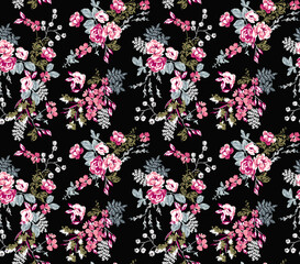 Seamless floral pattern with pink roses and small white flowers on a black background, vintage botanical illustration style for textile design © Creativezone