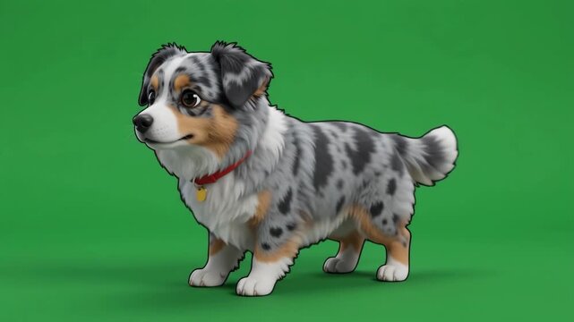 Adorable Australian Shepherd puppy with a red collar standing against a vibrant green background, showcasing its unique merle coat pattern and playful demeanor.