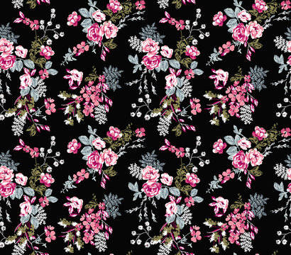 Seamless floral pattern with pink roses and small white flowers on a black background, vintage botanical illustration style for textile design