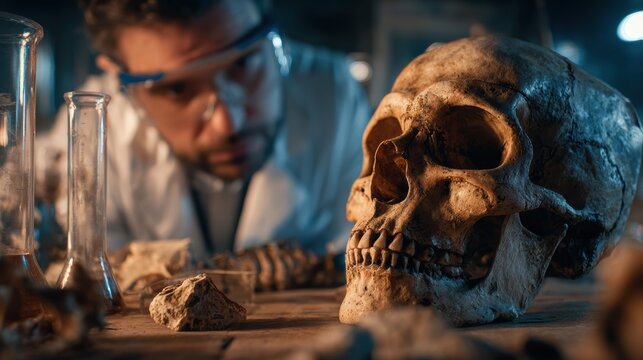Diligent and Focused Researcher Thoroughly Examining a Human Skull in a Professional Lab Environment