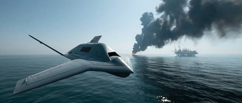 An epic wide-angle panoramic photograph of a stealth flying-wing military drone skimming low over open ocean water, with a burning offshore oil platform billowing heavy black smoke