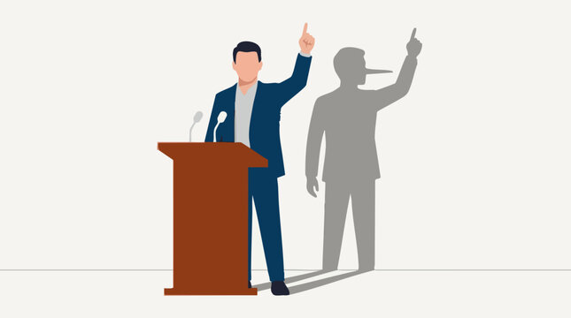 Dishonest politician speaking at a podium with a liar's Pinocchio shadow